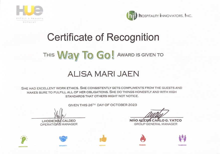 Way To Go! Certificate of Recognition — Hue Hotels, October 2023