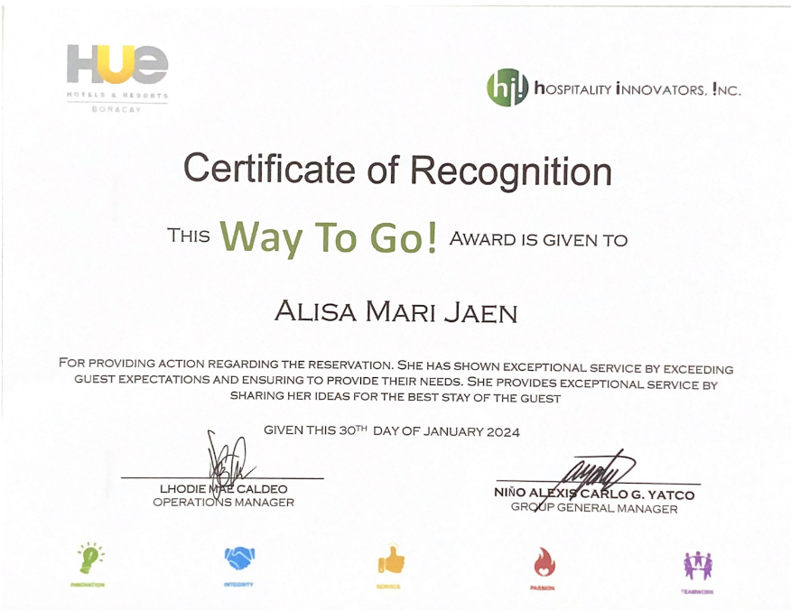 Way To Go! Certificate of Recognition — Hue Hotels, January 2024